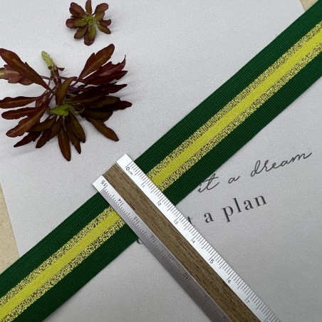 Тесьма репсовая зелёная полосатая с золотистым люрексом, 2.5 см