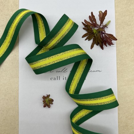 Тесьма репсовая зелёная полосатая с золотистым люрексом, 2.5 см