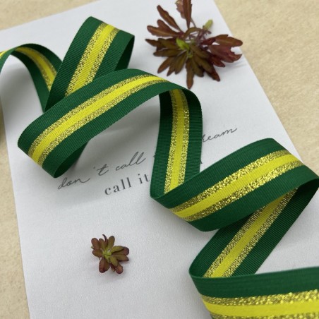 Тесьма репсовая зелёная полосатая с золотистым люрексом, 2.5 см