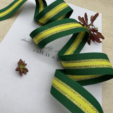 Тесьма репсовая зелёная полосатая с золотистым люрексом, 2.5 см
