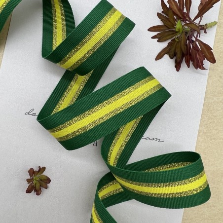 Тесьма репсовая зелёная полосатая с золотистым люрексом, 2.5 см