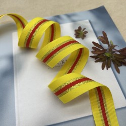 Тесьма репсовая желтая полосатая с золотистым люрексом, 2.5 см