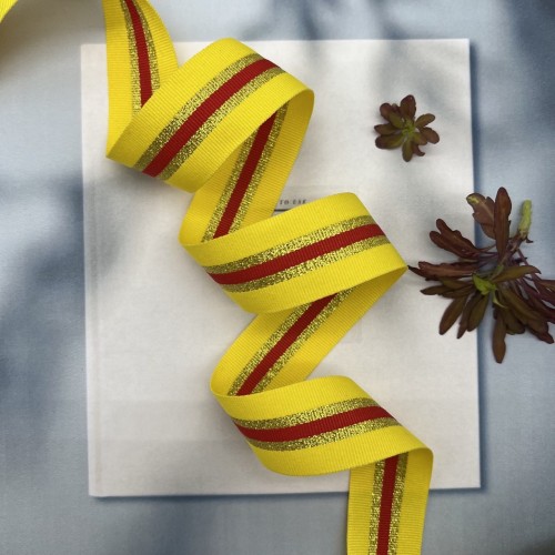 Тесьма репсовая желтая полосатая с золотистым люрексом, 2.5 см