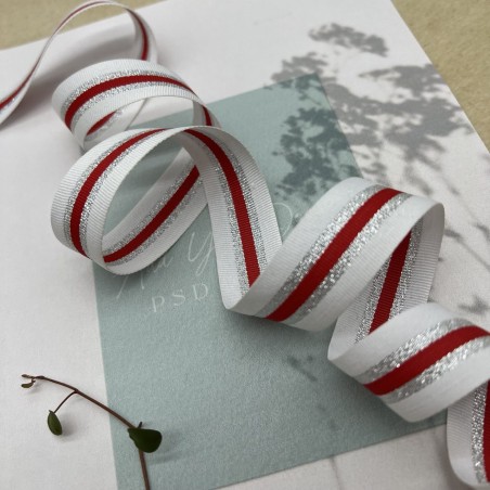 Тесьма белая репсовая полосатая с серебристым люрексом, 2.5 см