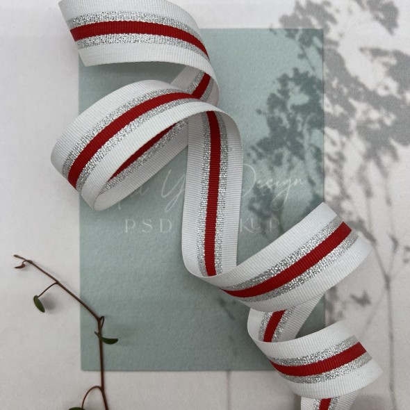 Тесьма белая репсовая полосатая с серебристым люрексом, 2.5 см