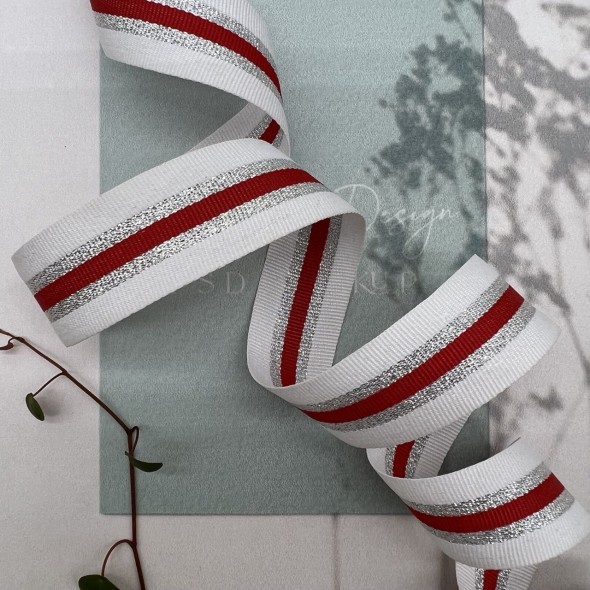 Тесьма белая репсовая полосатая с серебристым люрексом, 2.5 см