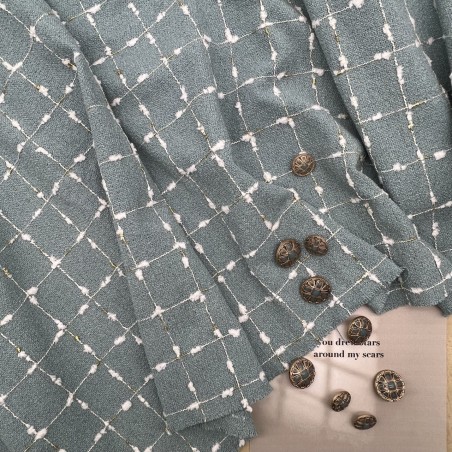 Твид мятный с белыми нитями букле и золотистым люрексом