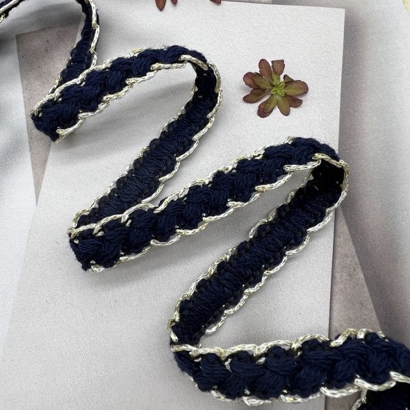 Тесьма текстильная темно-синяя с золотистым люрексом, 12 мм