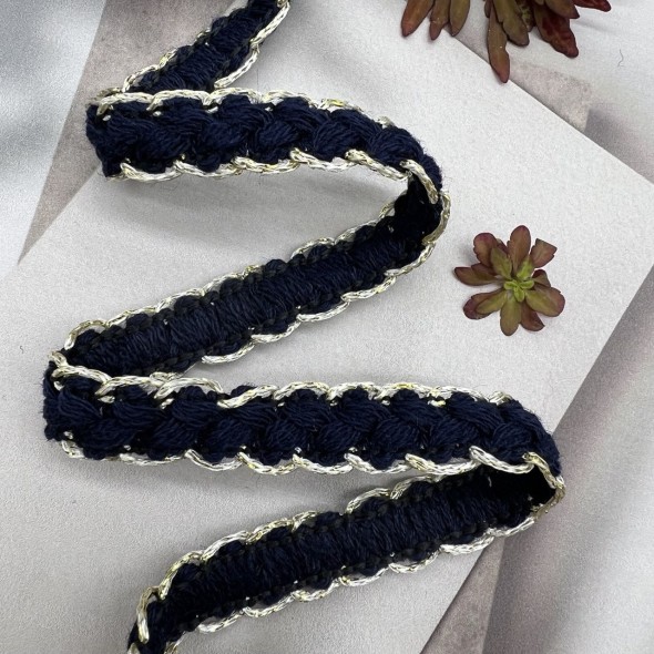 Тесьма текстильная темно-синяя с золотистым люрексом, 12 мм