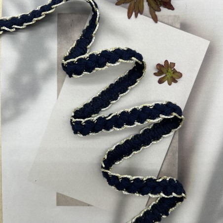 Тесьма текстильная темно-синяя с золотистым люрексом, 12 мм