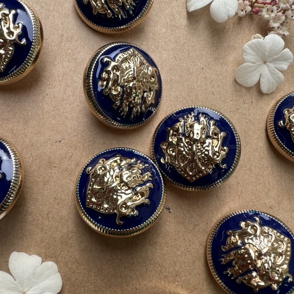 Пуговицы металлические в геральдическом стиле золотые с синей эмалью, 23 мм
