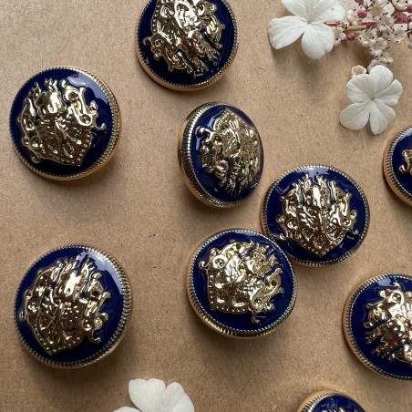 Пуговицы металлические в геральдическом стиле золотые с синей эмалью, 23 мм