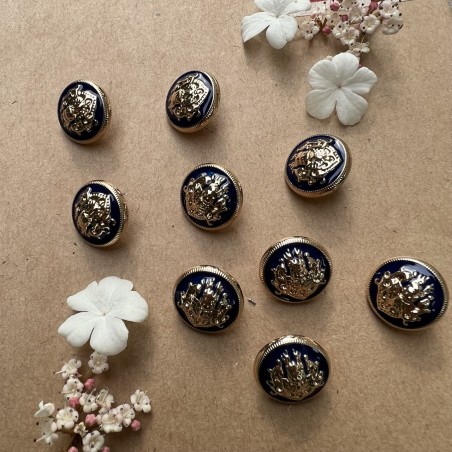 Пуговицы металлические в геральдическом стиле золотые с синей эмалью, 18 мм