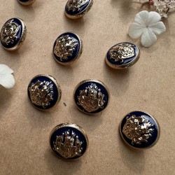 Пуговицы металлические в геральдическом стиле золотые с синей эмалью, 18 мм