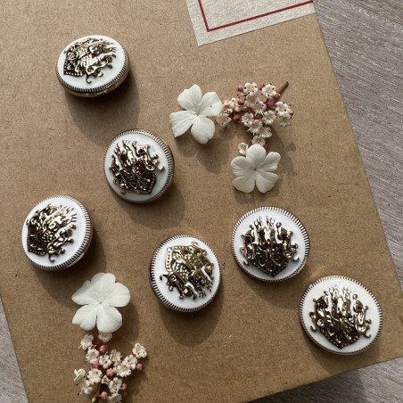 Пуговицы металлические в геральдическом стиле золотые с молочной эмалью, 23 мм