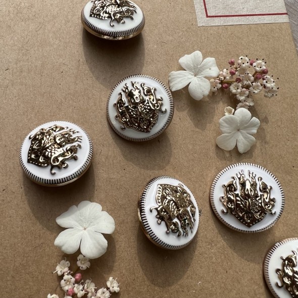 Пуговицы металлические в геральдическом стиле золотые с молочной эмалью, 23 мм