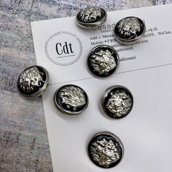 Пуговицы металлические в геральдическом стиле серебристые с черной эмалью, 23 мм