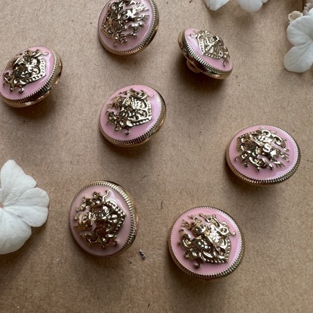 Пуговицы металлические в геральдическом стиле серебристые с розовой эмалью, 18 мм