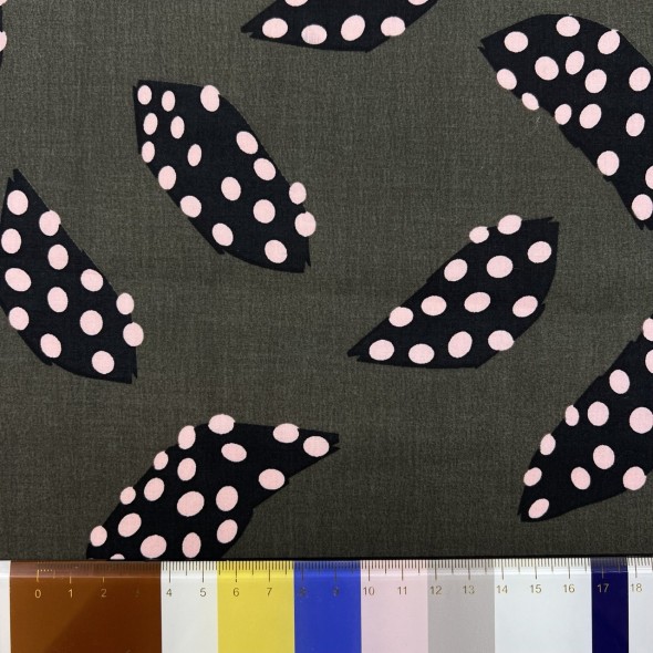 Ткань хлопок хаки с принтом листья