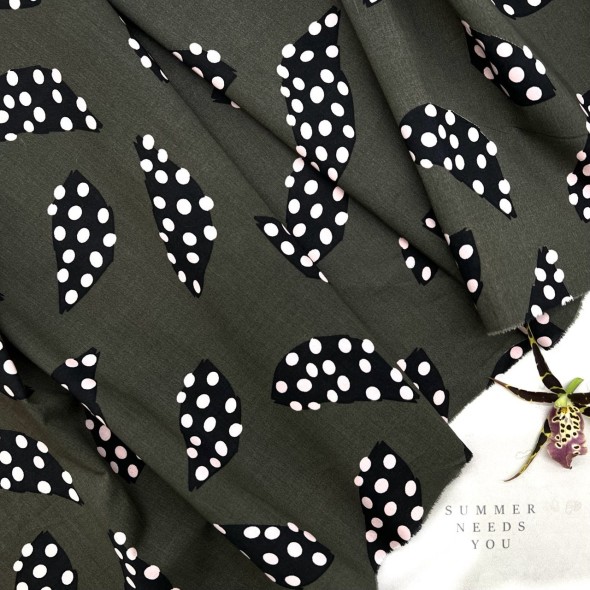 Ткань хлопок хаки с принтом листья