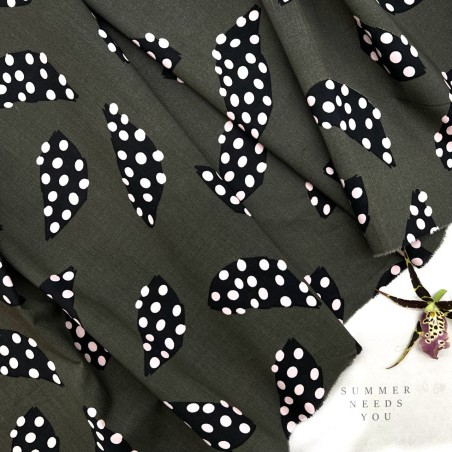 Ткань хлопок хаки с принтом листья