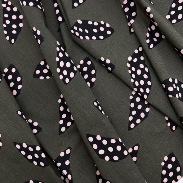 Ткань хлопок хаки с принтом листья