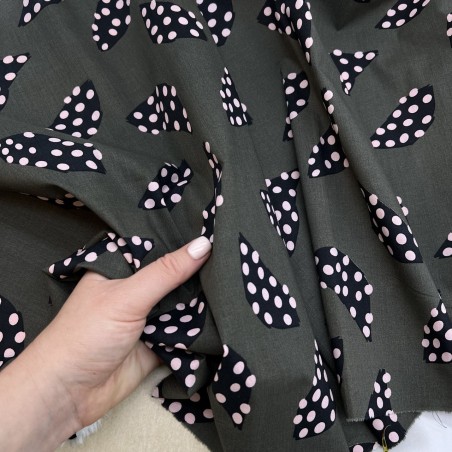 Ткань хлопок хаки с принтом листья