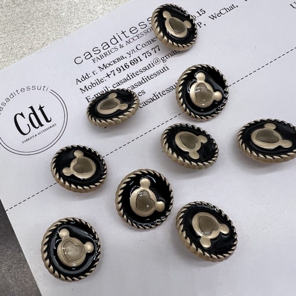 Пуговицы чёрные с матовыми золотистыми медвежатами, 18 мм