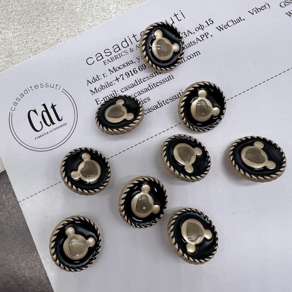Пуговицы чёрные с матовыми золотистыми медвежатами, 18 мм