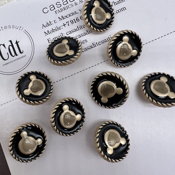 Пуговицы чёрные с матовыми золотистыми медвежатами, 18 мм