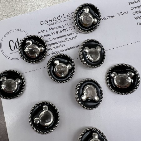 Пуговицы чёрные с матовыми серебристыми медвежатами, 23 мм