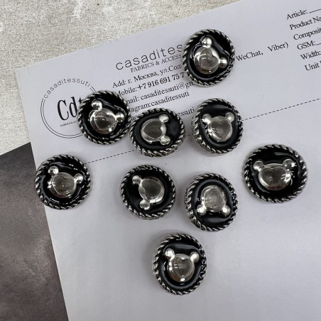 Пуговицы чёрные с матовыми серебристыми медвежатами, 23 мм