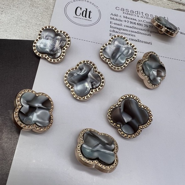 Пуговицы в форме клевера, золотистый металл с перламутровой серой вставкой, 23 мм