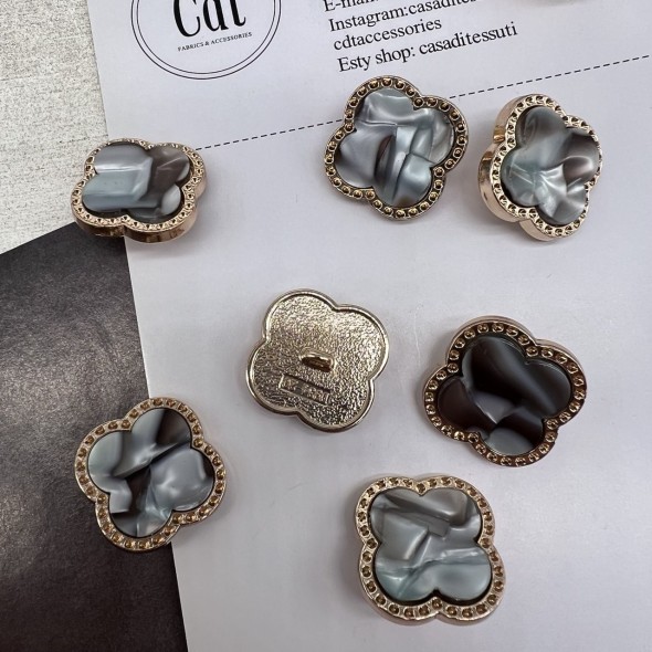 Пуговицы в форме клевера, золотистый металл с перламутровой серой вставкой, 23 мм