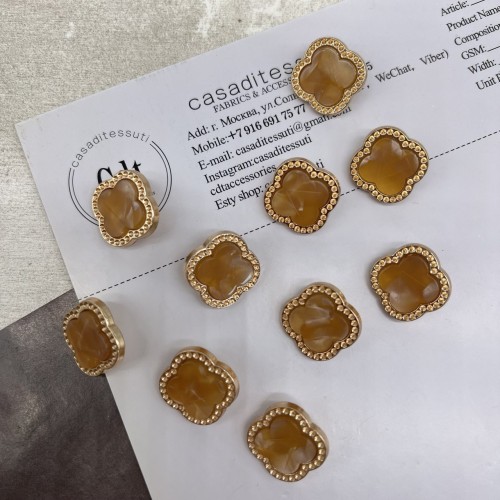 Пуговицы в форме клевера, золотистый металл с горчичной вставкой, 21 мм