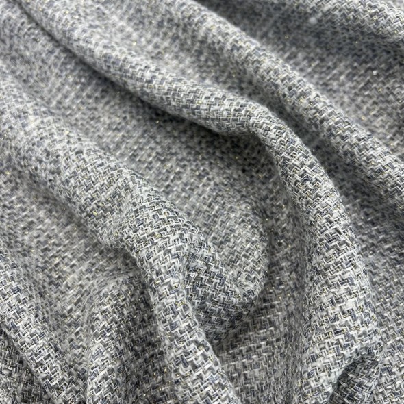 Твид меланжевый светло-серый с золотистыми нитями и мелкими пайетками