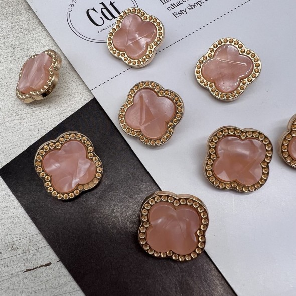 Пуговицы в форме клевера, золотистый металл с розовой вставкой, 21 мм