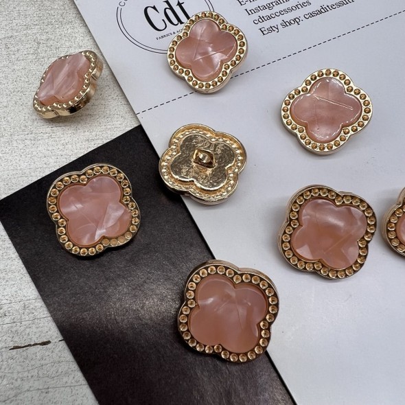 Пуговицы в форме клевера, золотистый металл с розовой вставкой, 21 мм