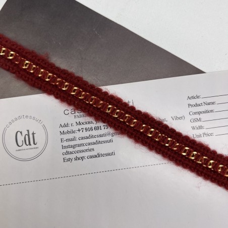 Тесьма цепочка золотистая, оплетенная красными пушистыми нитями, 1.5 см