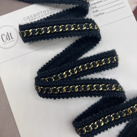 Тесьма цепочка золотистая, оплетенная темно-синими пушистыми нитями, 1.5 см