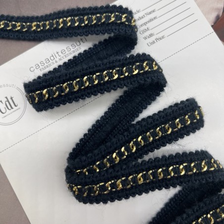 Тесьма цепочка золотистая, оплетенная темно-синими пушистыми нитями, 1.5 см