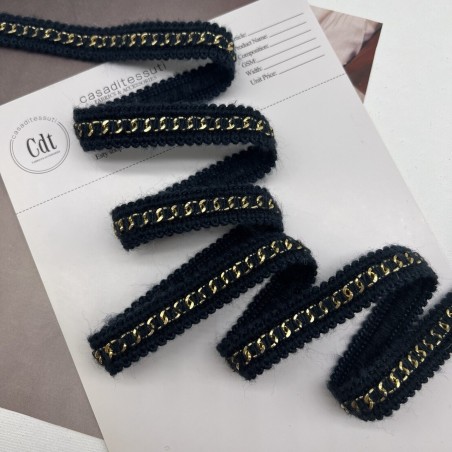 Тесьма цепочка золотистая, оплетенная темно-синими пушистыми нитями, 1.5 см