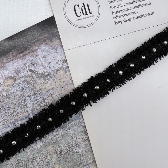 Тесьма текстильная чёрная с бахромой и металлическим декором, 12 мм