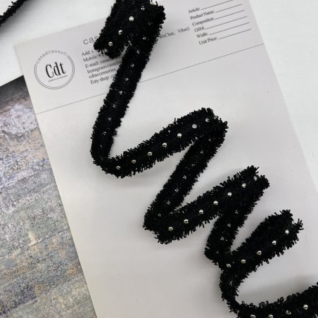 Тесьма текстильная чёрная с бахромой и металлическим декором, 12 мм