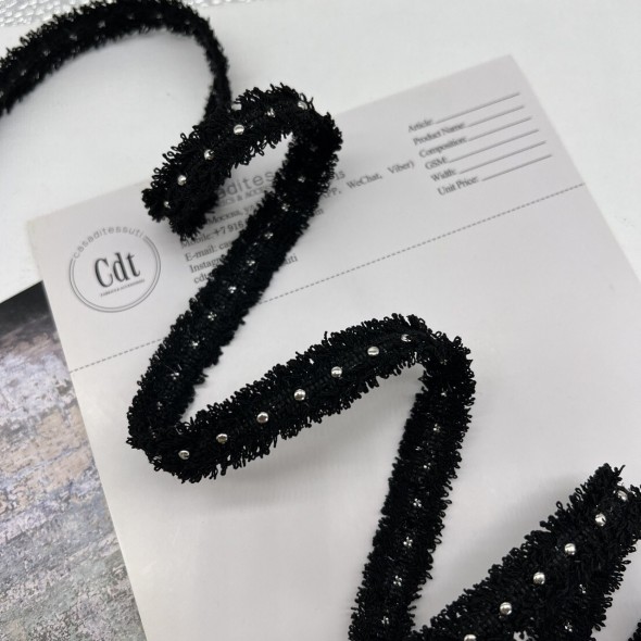 Тесьма текстильная чёрная с бахромой и металлическим декором, 12 мм