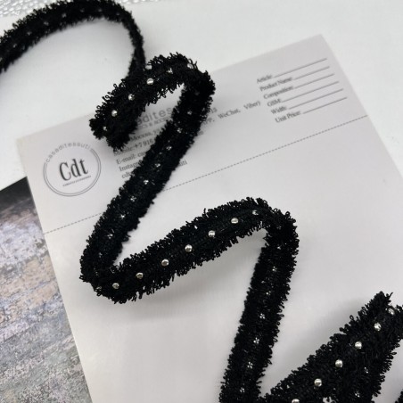 Тесьма текстильная чёрная с бахромой и металлическим декором, 12 мм