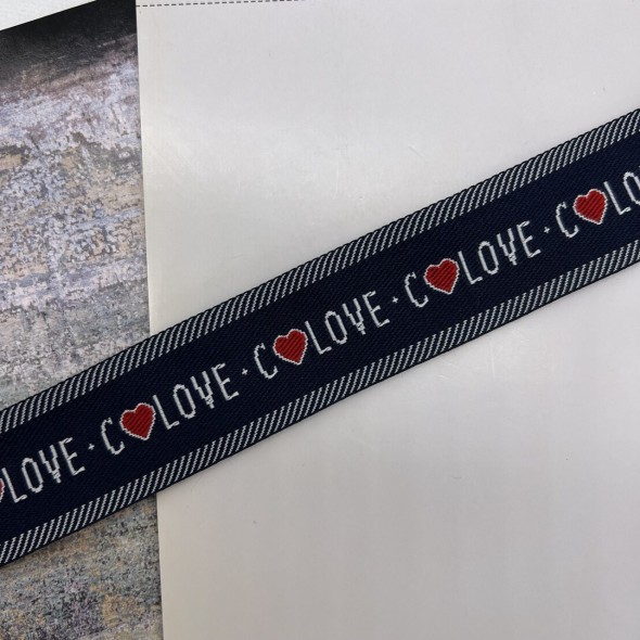 Тесьма репсовая плотная темно-синяя с текстом, 3 см