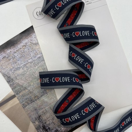 Тесьма репсовая плотная темно-синяя с текстом, 3 см