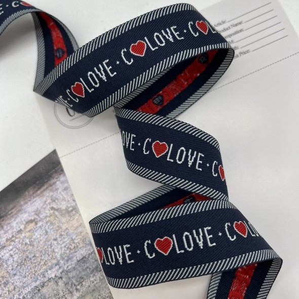 Тесьма репсовая плотная темно-синяя с текстом, 3 см