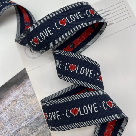 Тесьма репсовая плотная темно-синяя с текстом, 3 см